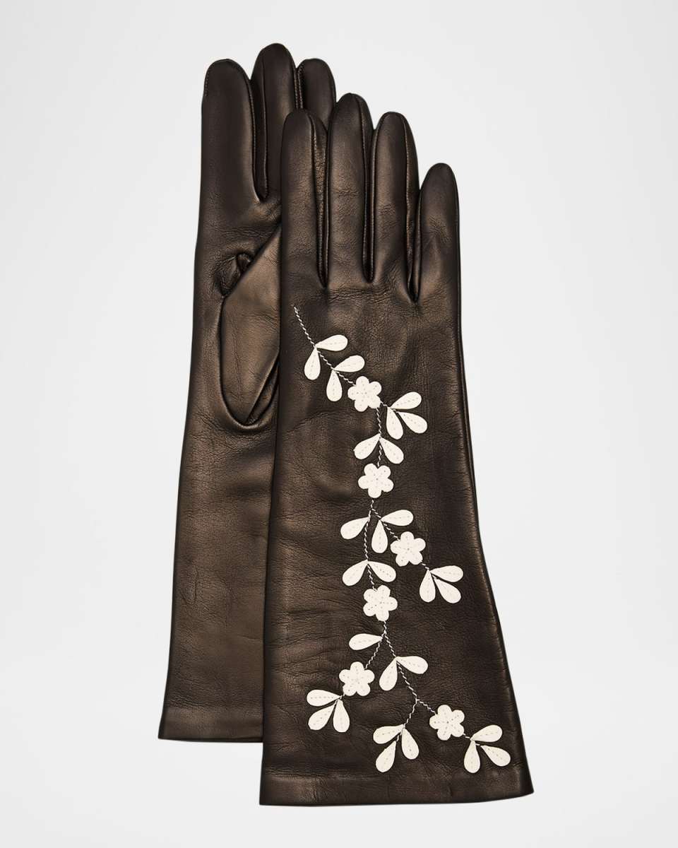 Leather Gloves W/ Contrast Floral Details